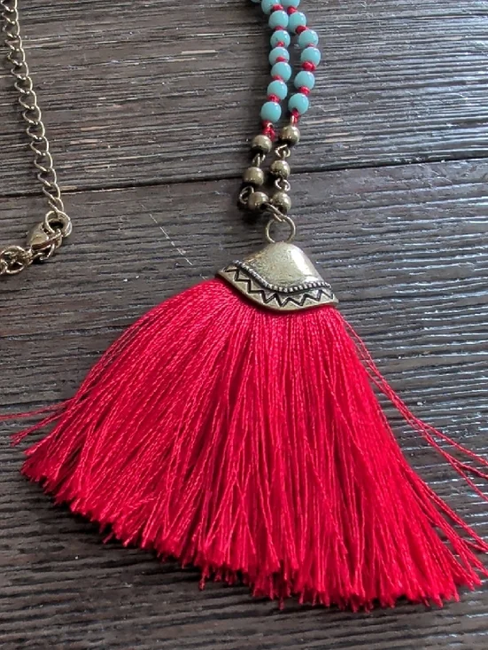 Boho Red Tassel Necklace with Turquoise Beaded Chain - Picture 3 of 5